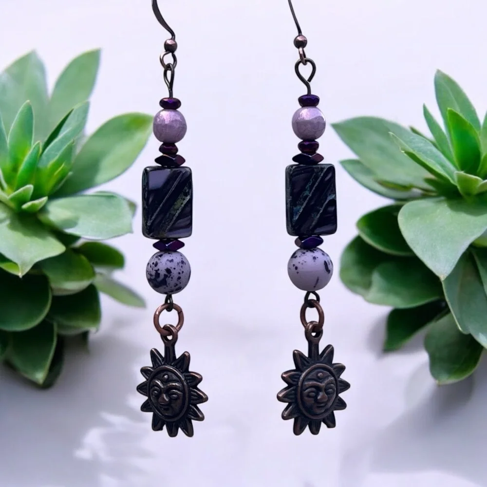 Handcrafted Sun Charm Dangle Earrings in Purple and Copper - Picture 3 of 13
